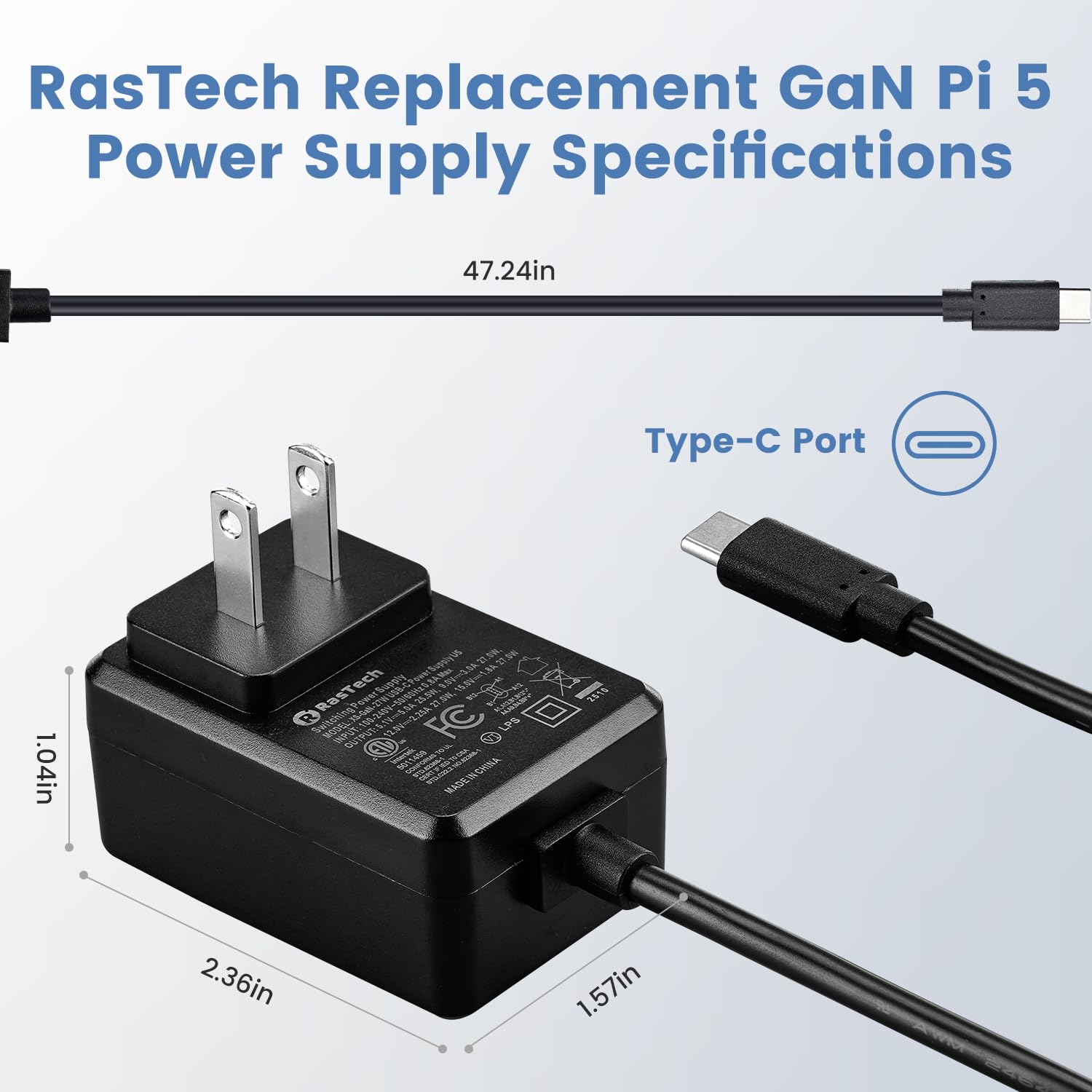 RasTech for Raspberry Pi 5 GaN PD 27W Power Supply 5.1V 5A USB-C Pi 5 Power Adapter for Raspberry Pi 5 16GB/8GB/4GB/2GB