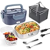 SOHIDA Electric Lunch Box, 12V/24V/110V Portable Food Warmer with SS Fork & Spoon for Car/Truck/Office, 80W Self Heating Lunch Box with 1.5L Container & 0.45L PP Fruit Box Light Bluish Purple