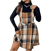 WDIRARA Women's Plus Size Plaid Pinafore Overall Dress Criss Cross Flared Short Dresses