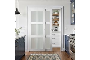 COSHOMER Sliding Closet Door for 64" x 80" Opening, 3-Lite Frosted Glass MDF Barn Door with Hardware Kit Set, Door Panels Need to Assemble, White