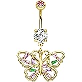 Jewseen 14G Butterfly Belly Button Ring Colorful CZ Belly Button Piercing for Women Surgical Steel Belly Piercing Jewelry Dangle Navel Ring Curved Barbell Body Piercing Jewelry