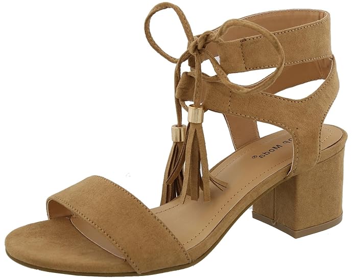 TOP Moda Women's Tassel Stacked Block Heel Gladiator Sandal (5 B(M) US, Tan)