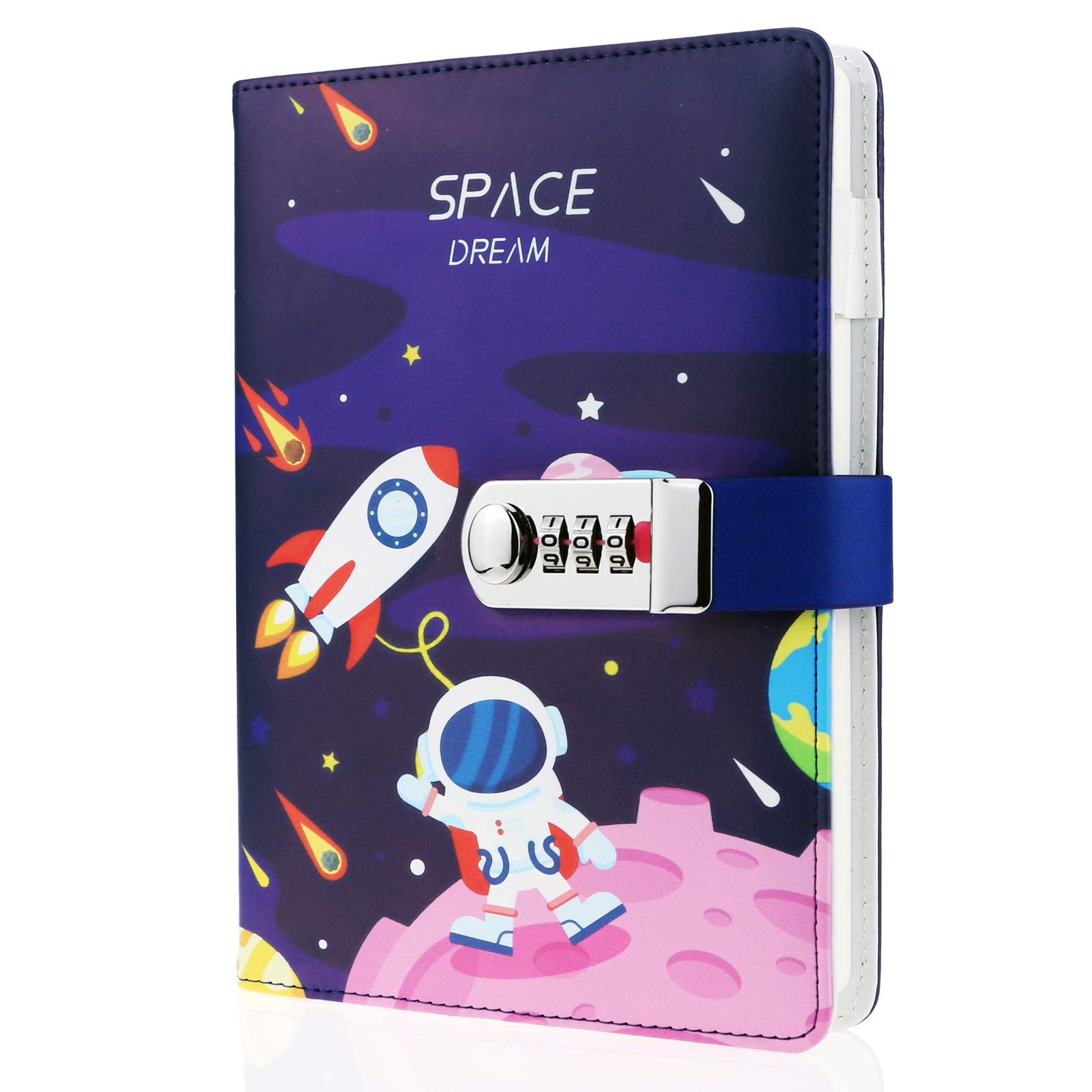 Mazeran Combination Lock Journal, PU Leather Hard Cover Space Astronaut Theme Notebook Cute Diary, A5 Lined Password Locking Personal Planner Secret Organizer Gift for Kids Teens