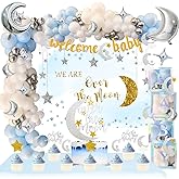 154 PCs Over The Moon Baby Shower Decorations, Fiesec We Are Over The Moon Baby Shower Decorations Backdrop Balloon Garland Glitter Banner Cake Cupcake Topper Boxes Cutout Starry Night Galaxy Sliver