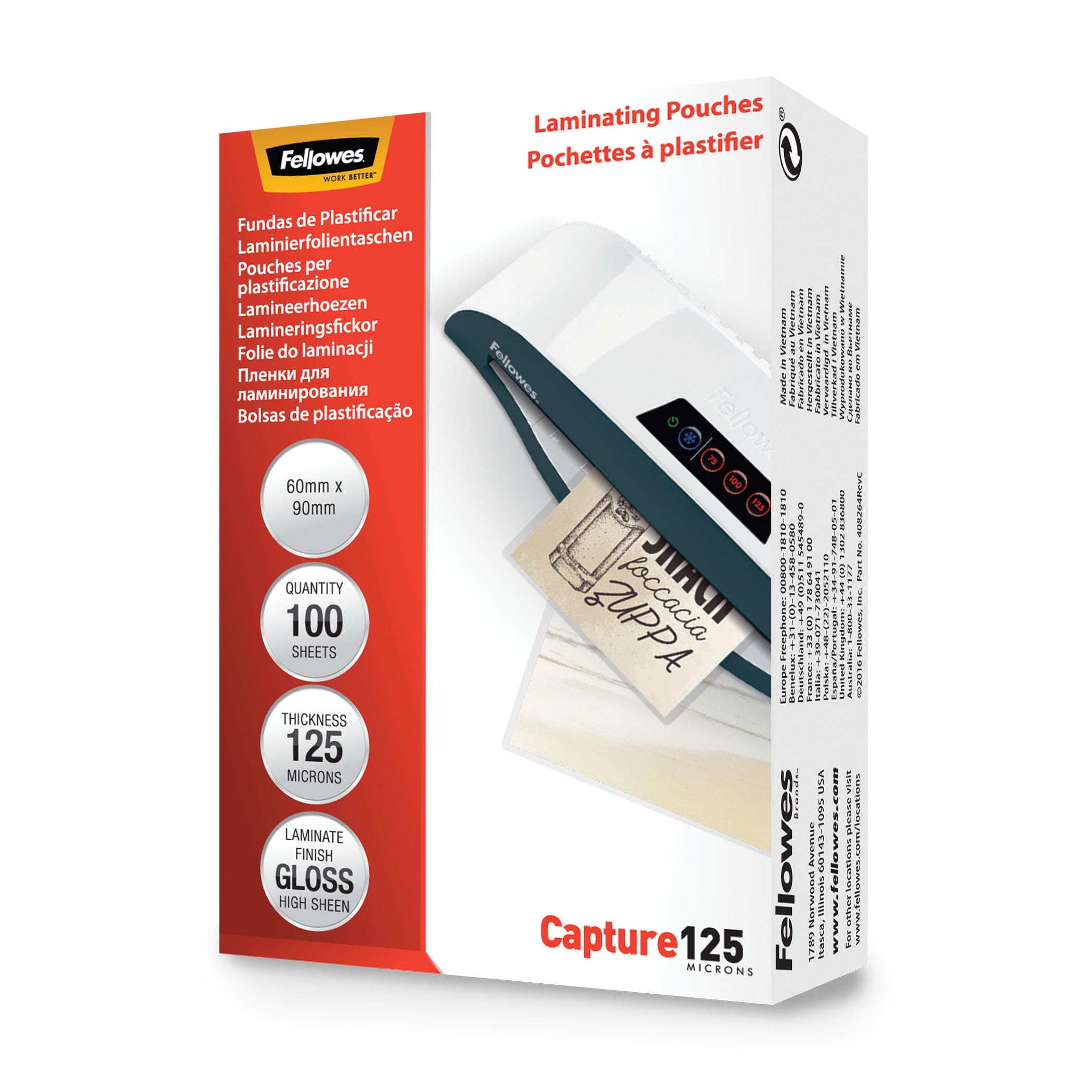 Fellowes Laminating Pouches (60x90mm) - Gloss Finish - 100 Sheets, 250 Micron (2x125) Clear & Durable Laminating Pouch - Ideal for Photos, ID Cards & Small Documents — image 1