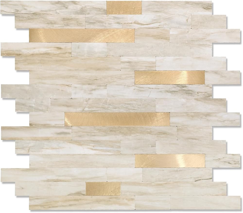 Yipscazo 12"x12" Peel Stick Stone Metal Tile Backsplash Beige Gold Kitchen Bath