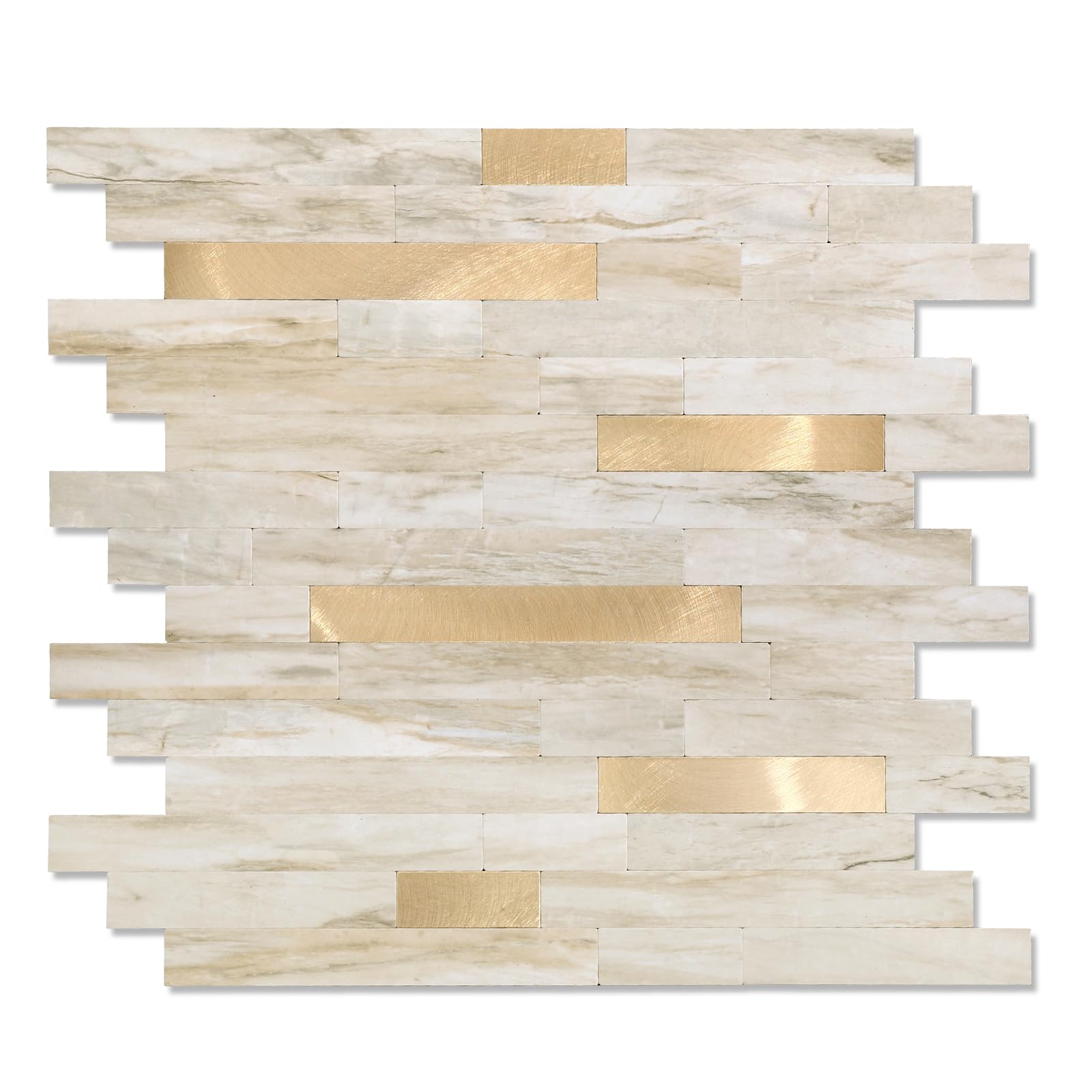 Yipscazo 10 Sheet Peel and Stick Stone Metal Tile Backsplash, Stick on Tiles for Backsplash Kitchen, Bathroom, Laundry Room, Camper, Fireplace (12'' X 12'', Beige Stone with Gold)