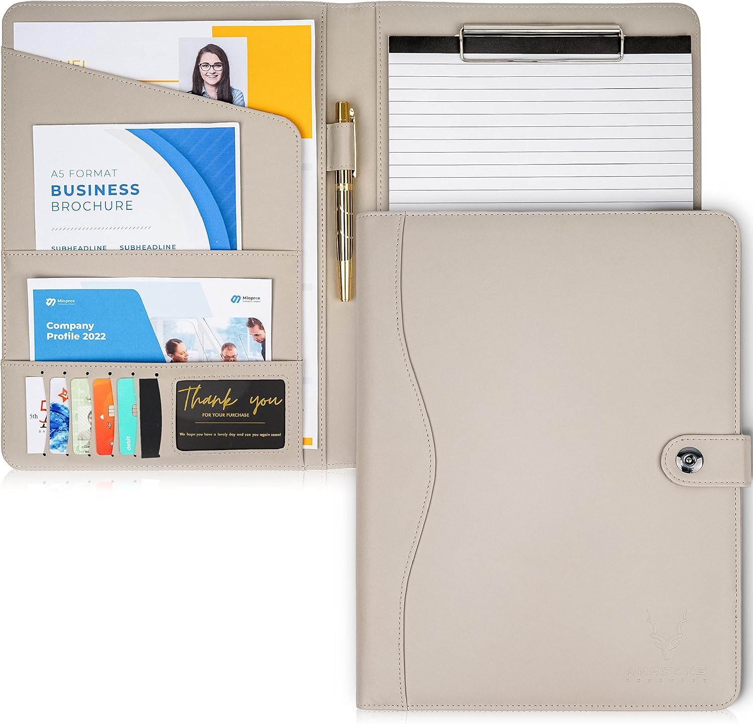 AMKSONS Portfolio Folder a4 in Light Grey with Clip Board and A4 Notepad - Premium PU Leather clipboard Folder with Document Compartments, Pen Holder, Flip Cover and Magnetic Closure — image 1