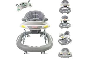 Uuoeebb Baby Walker, 4 in 1 Foldable Baby Walker with Wheels, Activity Walker with 4 Adjustable Height, Baby Walker for Boys Girls, Music, Removable Play Tray (Gray)