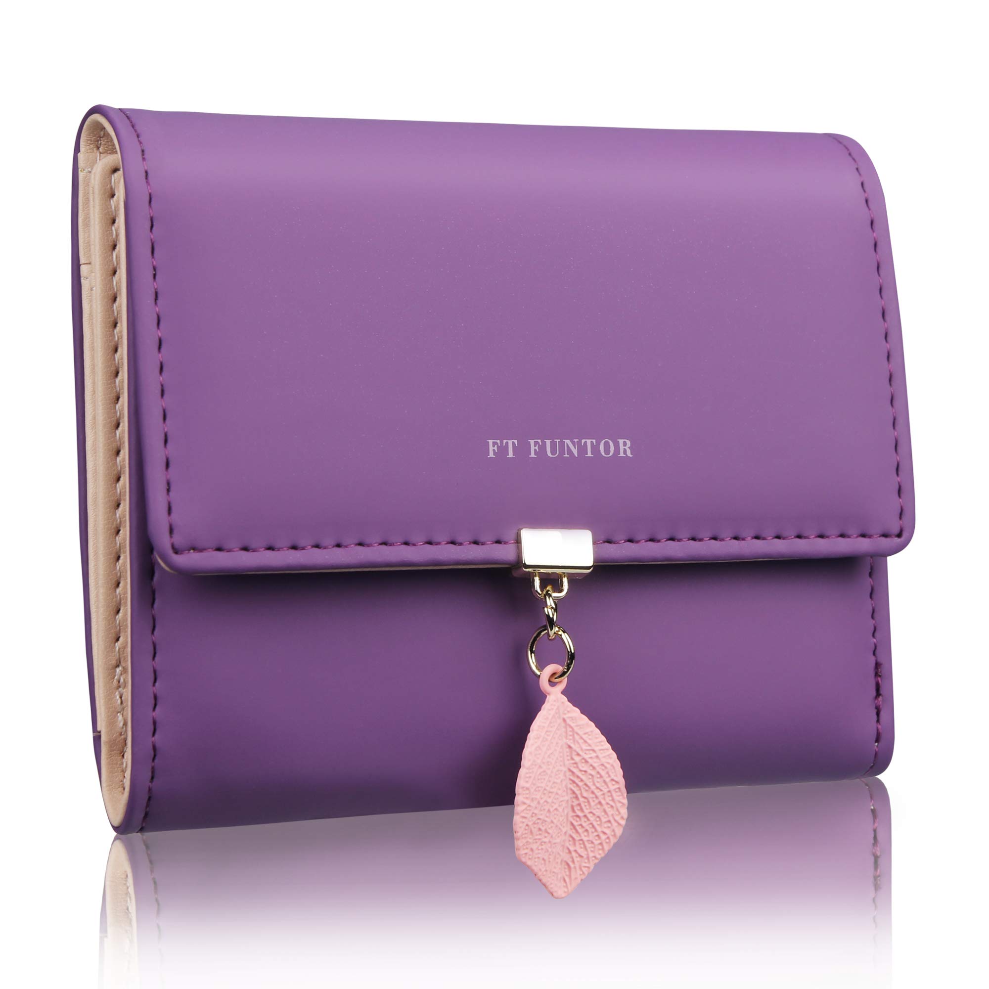 FT FUNTOR PU Leather Wallet for Women RFID-Blocking, Ladies Bifold Leaf Pendant Coin Zipper Small Purse with 5 Card Slots and 1 ID Window Card Holder Organizer (S-Deep Purple)