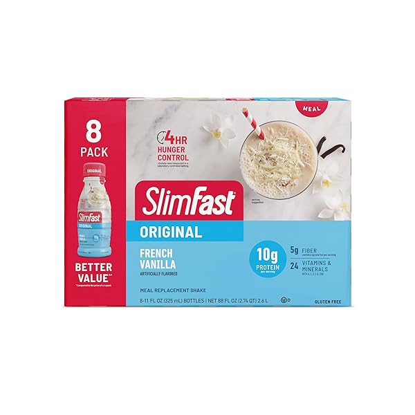 SLIMFAST MEAL REPLACEMENT SHAKE, ORIGINAL FRENCH VANILLA, 10G OF READY TO DRINK PROTEIN FOR WEIGHT LOSS, 11 FL. OZ BOTTLE, 8 COUNT