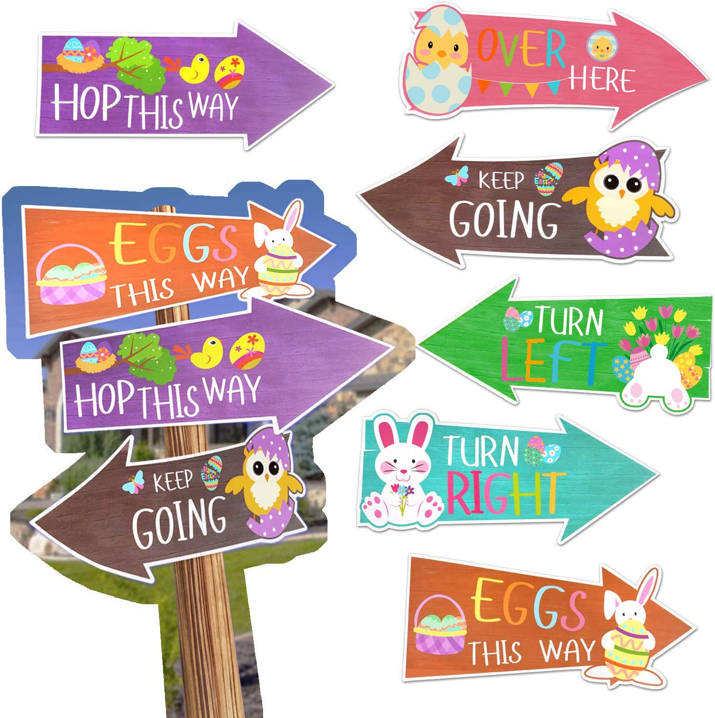 FINGOOO 18 Pieces Easter Egg Hunt Arrows Bunny Track Garden Sign guidepost Easter Party Game Supply Easter Decoration