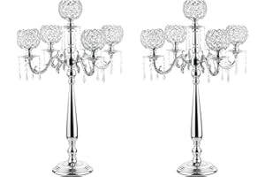 VINCIGANT 2Pack 5 Arm Crystal Candelabra Centerpieces,29.5Inches Tall Silver Metal Candlestick Holders with 5 Flower Bowl Holder for Wedding Ceterpieces Party Decoration