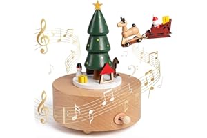 AMOR PRESENT Christmas Music Box – Wooden Tree Musical Decor, Wind-Up Desk Ornament, Plays “Merry Christmas”, Holiday Gift for Adults & Kids