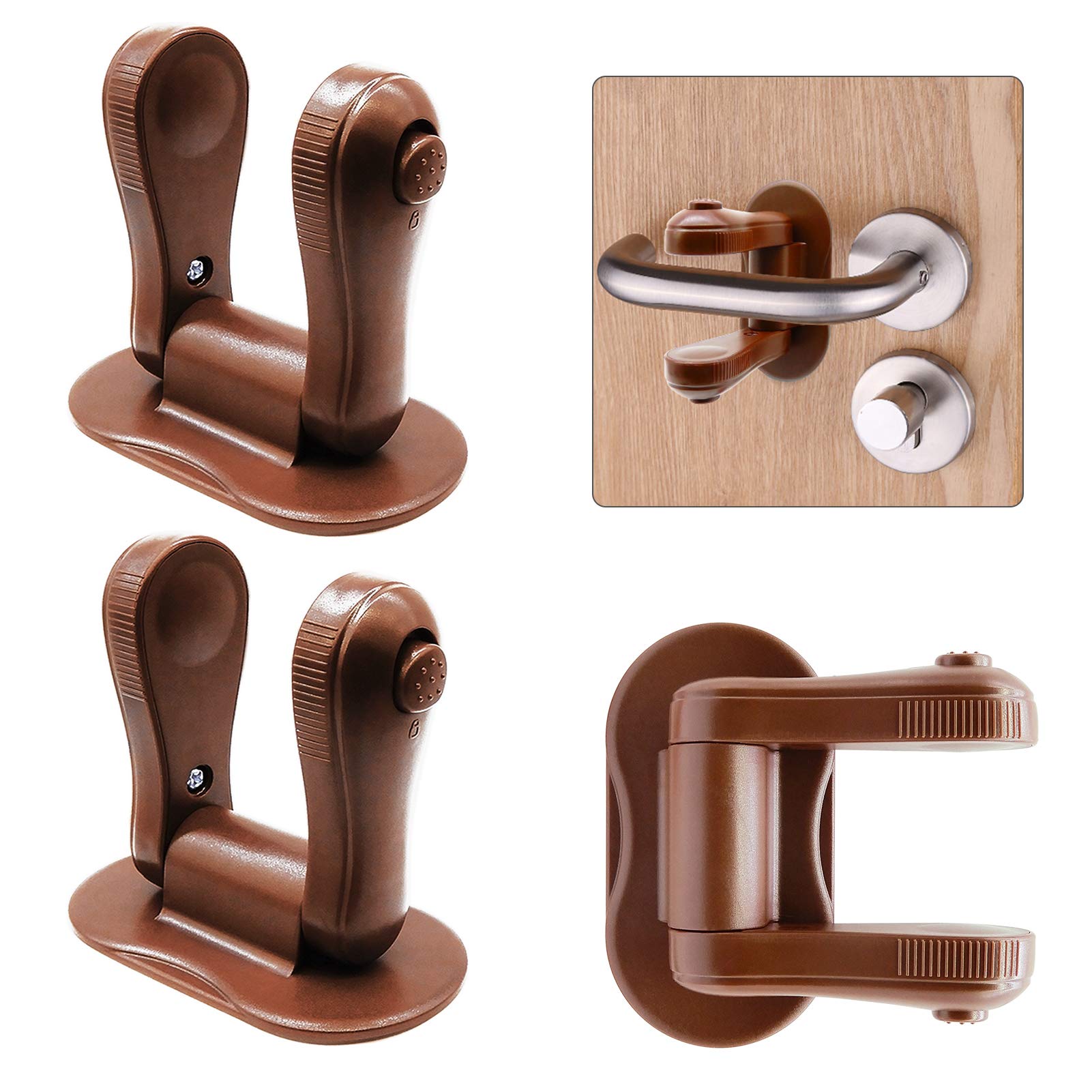 3 Pack Child Proof Door Lever Lock, ALBOYI Rotation Design Handles Lock Strong Adhesive Child Safety Lock Door Handle, No Drill, No Screw(Brown)