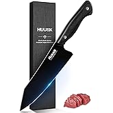 Huusk Japanese Chef Knife for Kitchen - 7" Kirisuke Knife with Black Titanium Coating, Stainless Kitchen Cooking Knifes for Vegetable & Meat Cutting, Ultra Sharp Sushi Knives, Men's Christmas Gifts