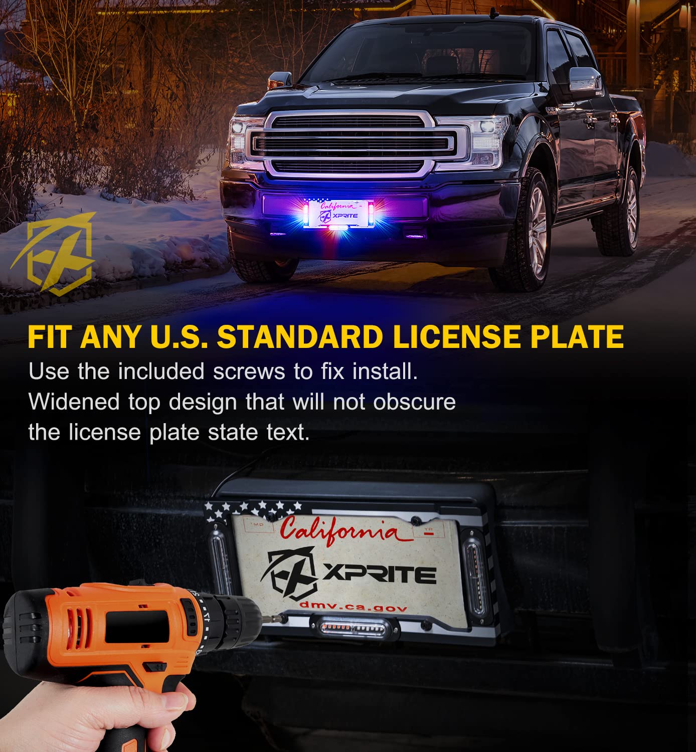 Xprite 36 LED License Plate Strobe Light, US Flag Front/Rear Police Light, 22 Flash Modes Emergency Safety Warning LED License Frame for Police Car Vehicle Truck, Red Blue (w/Pre-Installed 9FT Cable)