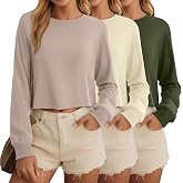 Ficerd 3 Pack Long Sleeve Cropped Tops for Women | Cotton Oversized Crop Shirts, Loose Fit Crew Neck Basic Tees, Casual Soft Pullover Top, Drop Shoulder Gym Workout Sweatshirts