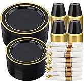 realluck 350 PCS Black Plastic Dinnerware Set for 50 Guests, 100 Disposable Plates for Party, 50 Pre Rolled Napkins with Gold Silverware, 50 Cups for Graduation