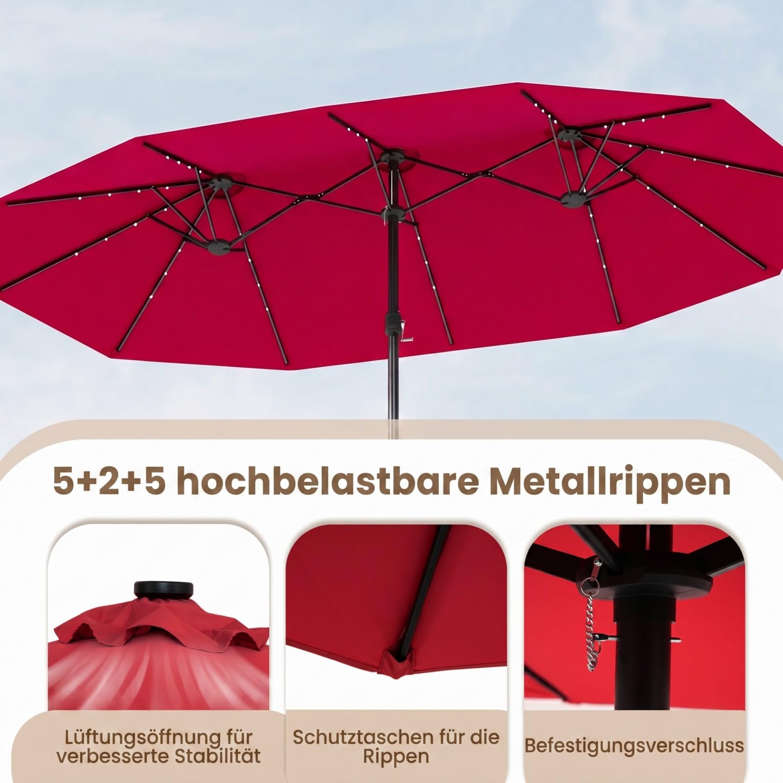 COSTWAY Doppelsonnenschirm mit Ständer und LED-Solar-Beleuchtung, 450 x 260 cm, Sonnenschirm Groß XXL, UPF 50+, Gartenschirm mit Kurbel, Terrassenschirm, Marktschirm für Garten, Terrasse (Rot) 7