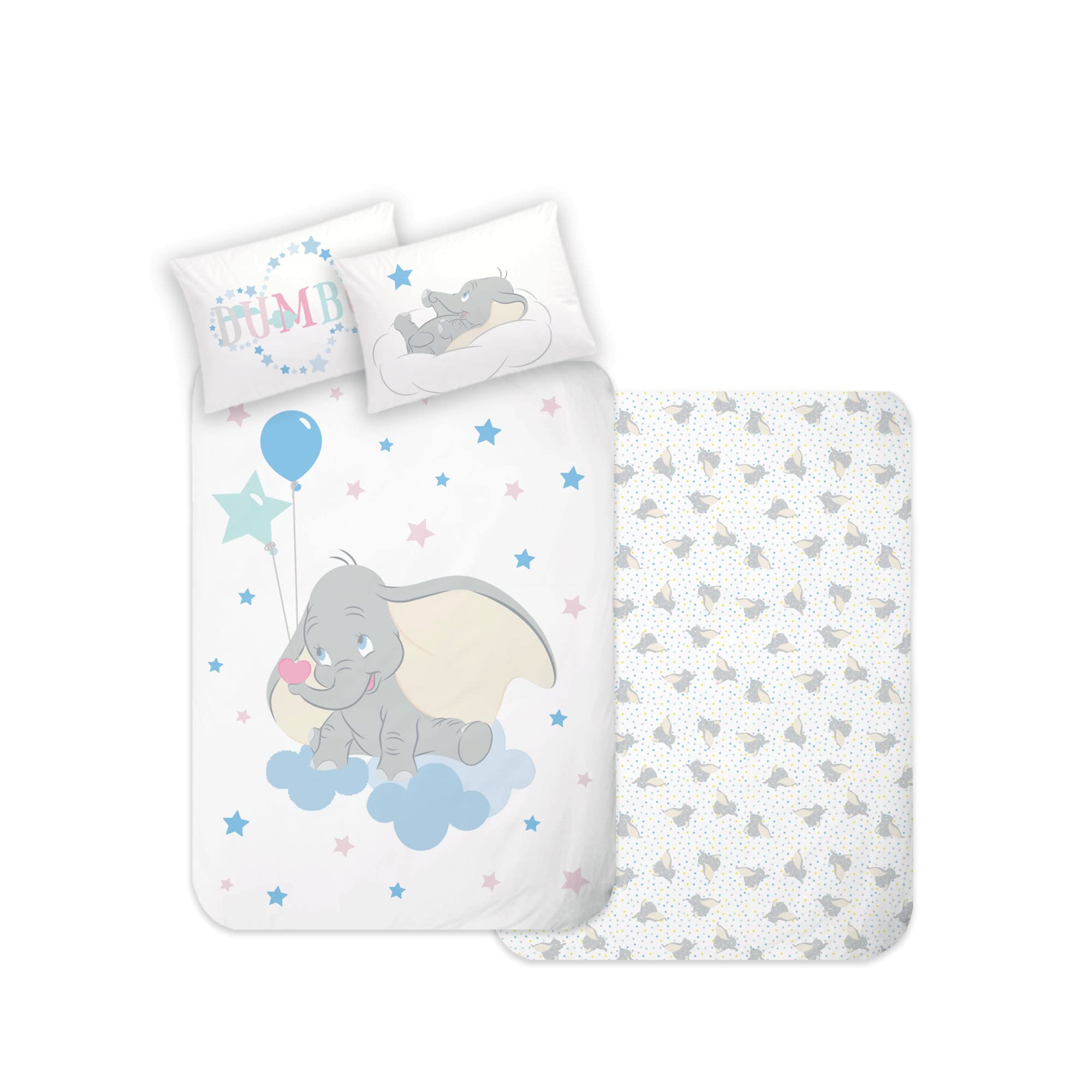 Disney Home Dumbo Baby Bed Linen Set, 100 x 135 cm, Pillowcase 40 x 60 cm, Reversible Motif, Children's Bed Linen, Super Soft Renforcé 100% Cotton, 2-Piece Dumbo, Oeko-Tex Standard 100