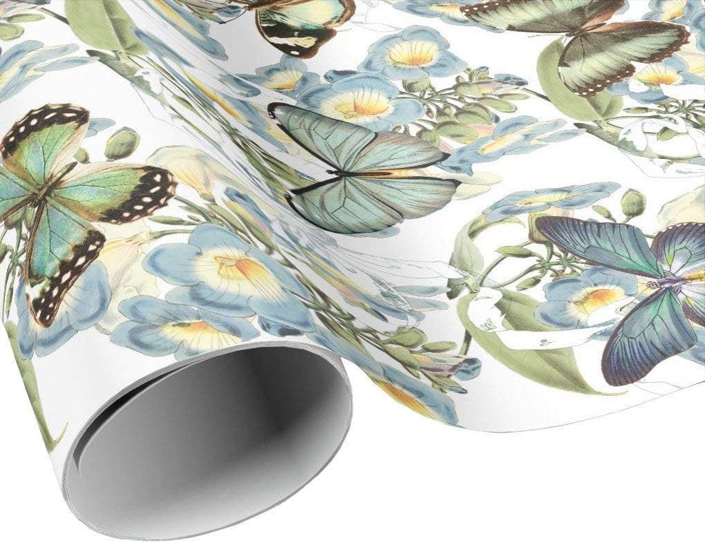 Blue Flower and Butterflies Wrapping Paper Sheets - Blue Green Butterfly Gift Paper - Craft Paper
