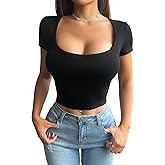 DJT Womens Square Neck Going Out Crop Tops Ribbed Knit Short Sleeve Slim Fit T Shirts Y2K Summer Basics Tees