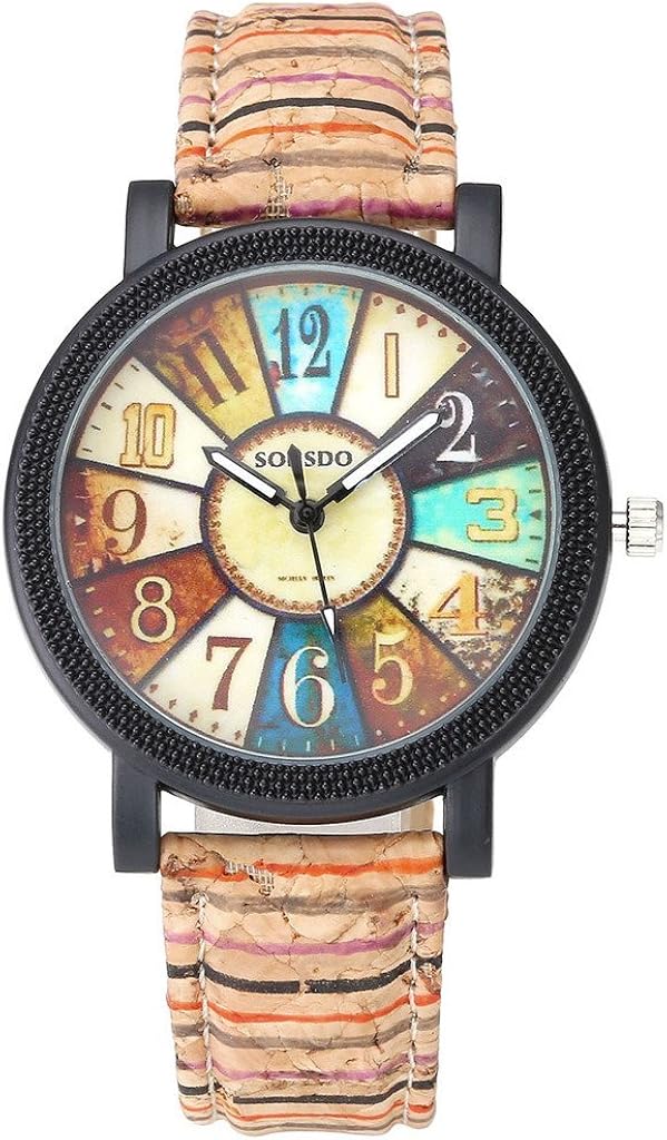 JSDDE Ladies'/Men's Wristwatch Retro Style Colourful Stripes Wood Cork Pattern Polyurethane Leather Analogue Quartz