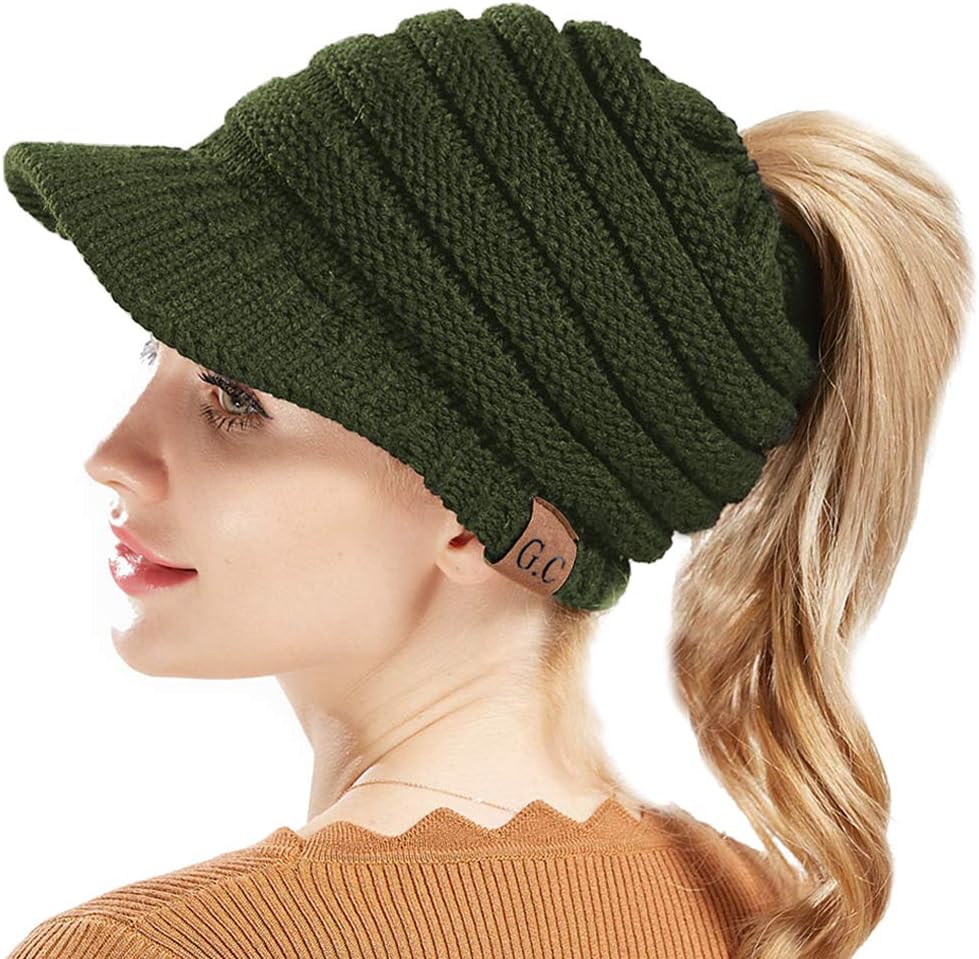 BeanieTail Warm Knit Messy High Bun Ponytail Visor Beanie Cap (Army Green)