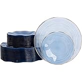 100PCS Blue Plastic Plates-Crystal Design Blue Wave Disposable Plates with Gold Rim, Fancy Disposable Plates Include 50 Dinner Plates, 50 Dessert/Salad Plates for Party & Birthday