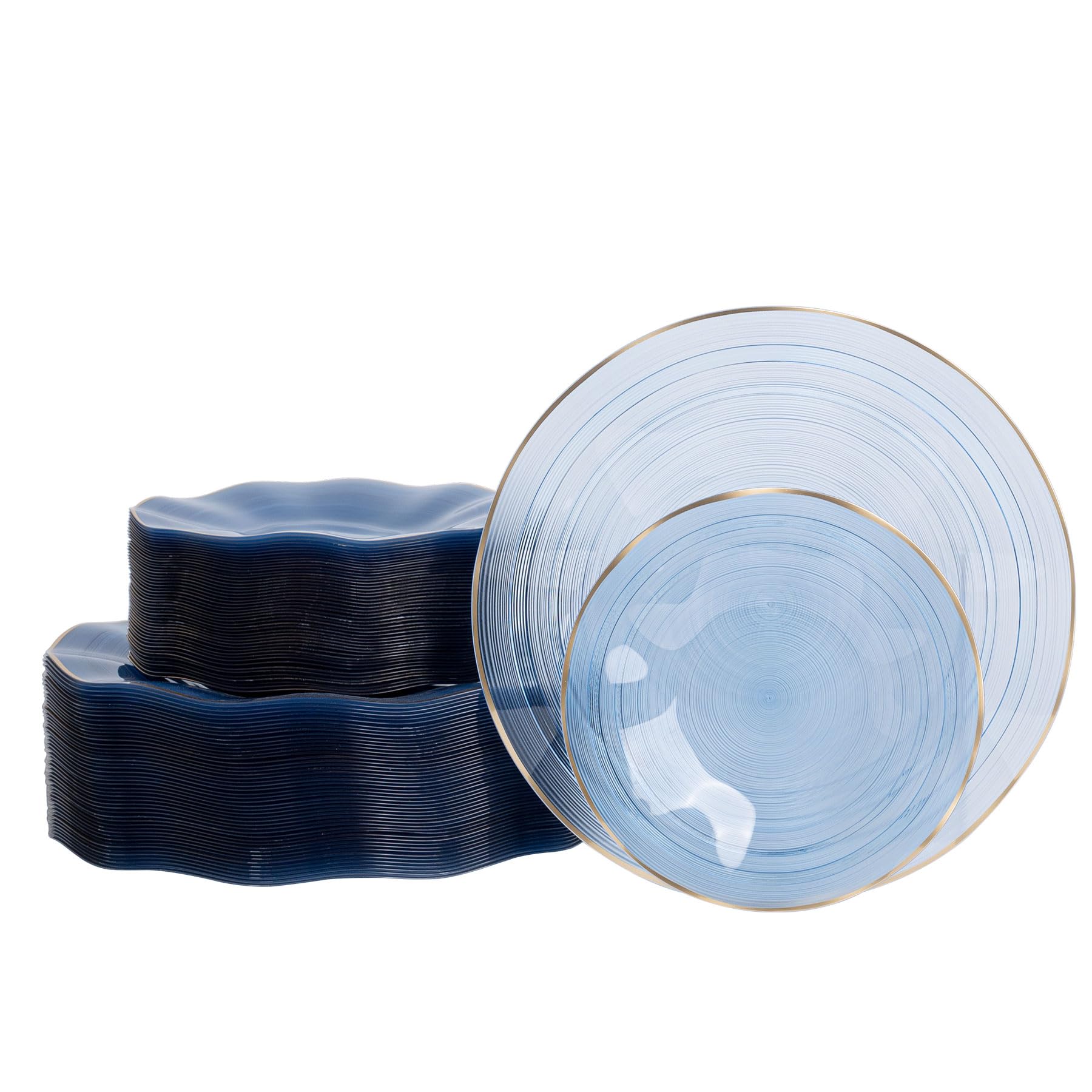 Photo 1 of 100PCS Blue Plastic Plates-Crystal Design Blue Wave Disposable Plates with Gold Rim, Fancy Disposable Plates Include 50 Dinner Plates, 50 Dessert/Salad Plates for Party & Birthday