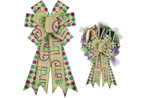 ALIBBON Large Mardi Gras Bows for Wreaths, Mardi Gras Wreath Bows, Glitter Gold Purple Green Bows, Buffalo Plaid Bows for Front Door, Mardi Gras Decorations Bows for Mardi Gras Carnival Decor
