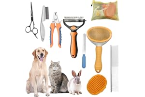 KUEIOX Dog Brush for Shedding,9 PCS in One Pet Slicker Hair Brush Kit with Pet Nail Clipper and File - Dog Cat Grooming Deshedding Undercoat Rake Brush Comb for All Small Large Dogs Cats Orange