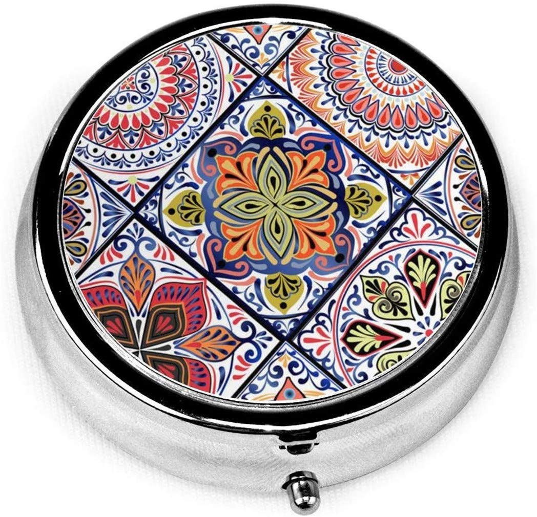 Round Medicine Box Portable Mini Metal Pill Case 2 inches Travel Little Pill Dispenser for Purse (style-37)