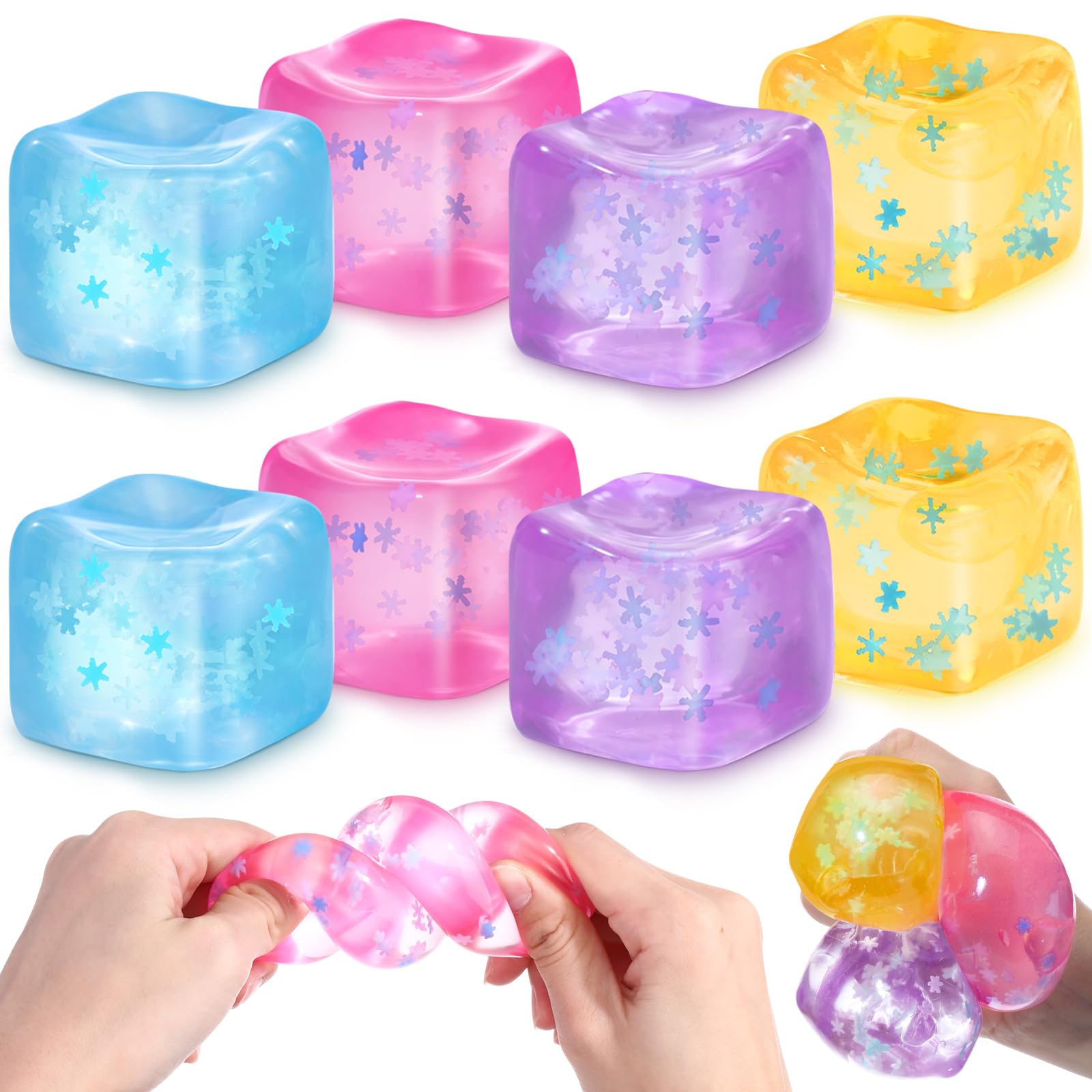 Teyva Daily 8 Pcs Stress Cube with Snowflakes Slow Rising Ice Cube Stress Balls for Adult Sensory Squeeze Cubes for Anxiety Relief Prizes Goodie Bag Stuffers (4 Color)