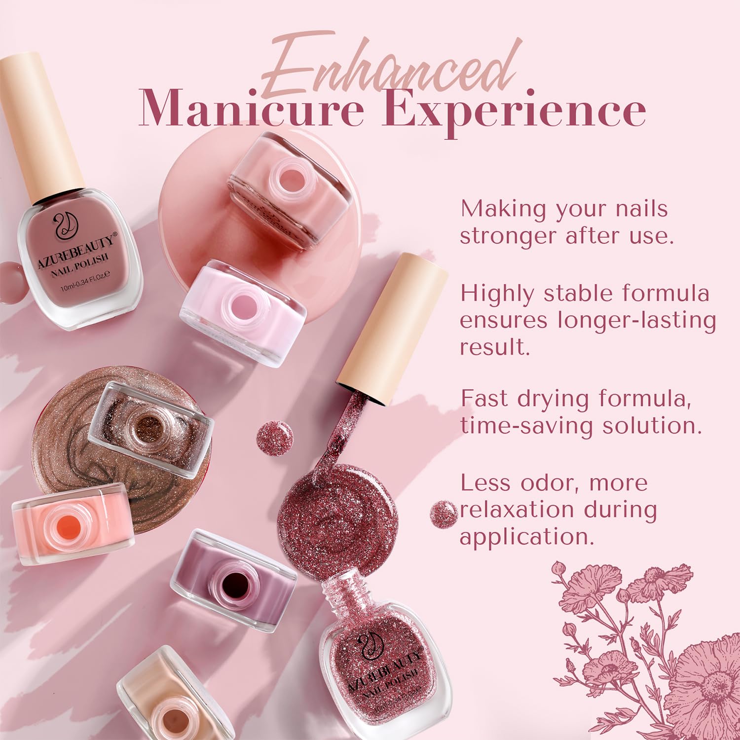 AZUREBEAUTY Vegan Nail Polish Set 8 Colors, Light Dark Pink Nude Orange Champagne Glitter Quick Dry Natural Nail Lacquer Strengthening Treatment Kit DIY Salon - Image 7