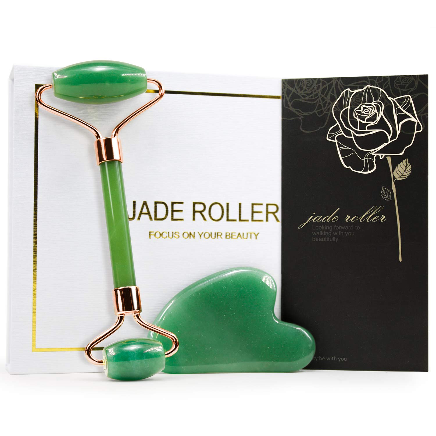 Jade Roller & Gua Sha, Face Roller, Facial Beauty Roller Skin Care Tools, BAIMEI Rose Quartz Massager for Face, Eyes, Neck, Body Muscle Relaxing and Relieve Fine Lines and Wrinkles: Beauty
