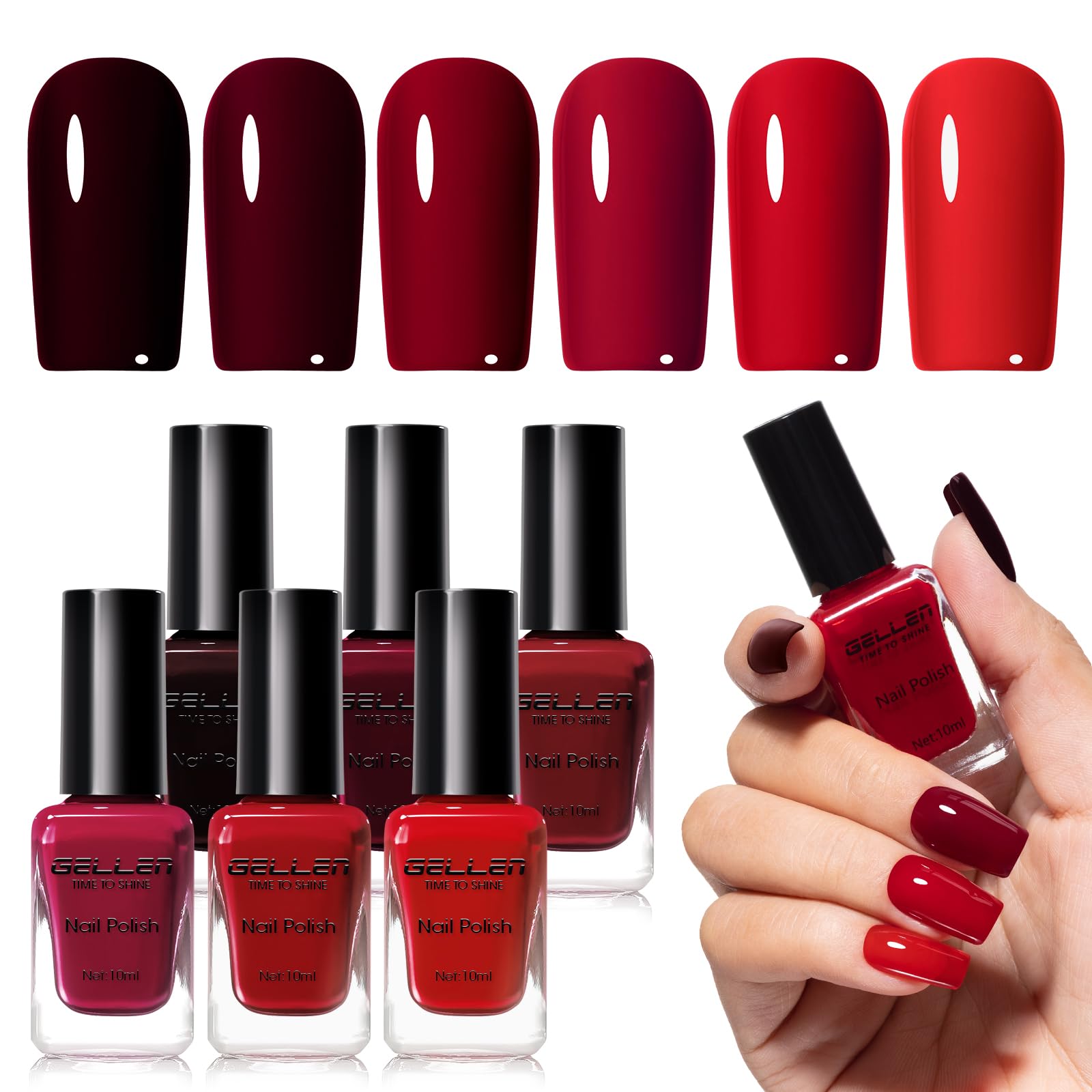 Photo 1 of GELLEN Dark Red Nail Polish Set, Deep Burgundy Wine Cherry Blood Red 6 Colors, Fall Winter Quick Air Dry Regular Nail Polish for Women Gifts DIY Art Nails Home Salon, Not UV Gel, Hema Free, Non-toxic
