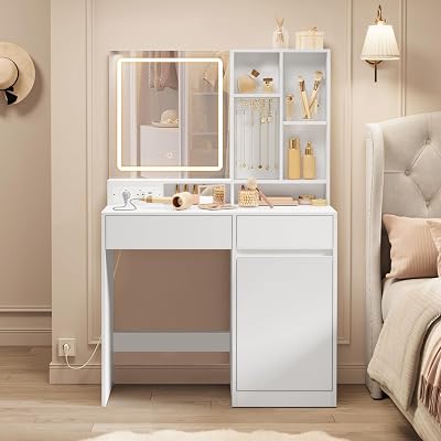 Kailyn Collection - Coiffeuse avec Miroir LED, Éclairage 3 Couleurs Réglable, Table de Maquillage, Largeur 90 cm, Tiroir, Multiprise, Rangement, Chambre, Style Moderne, Blanc Nuage RDT134WB01