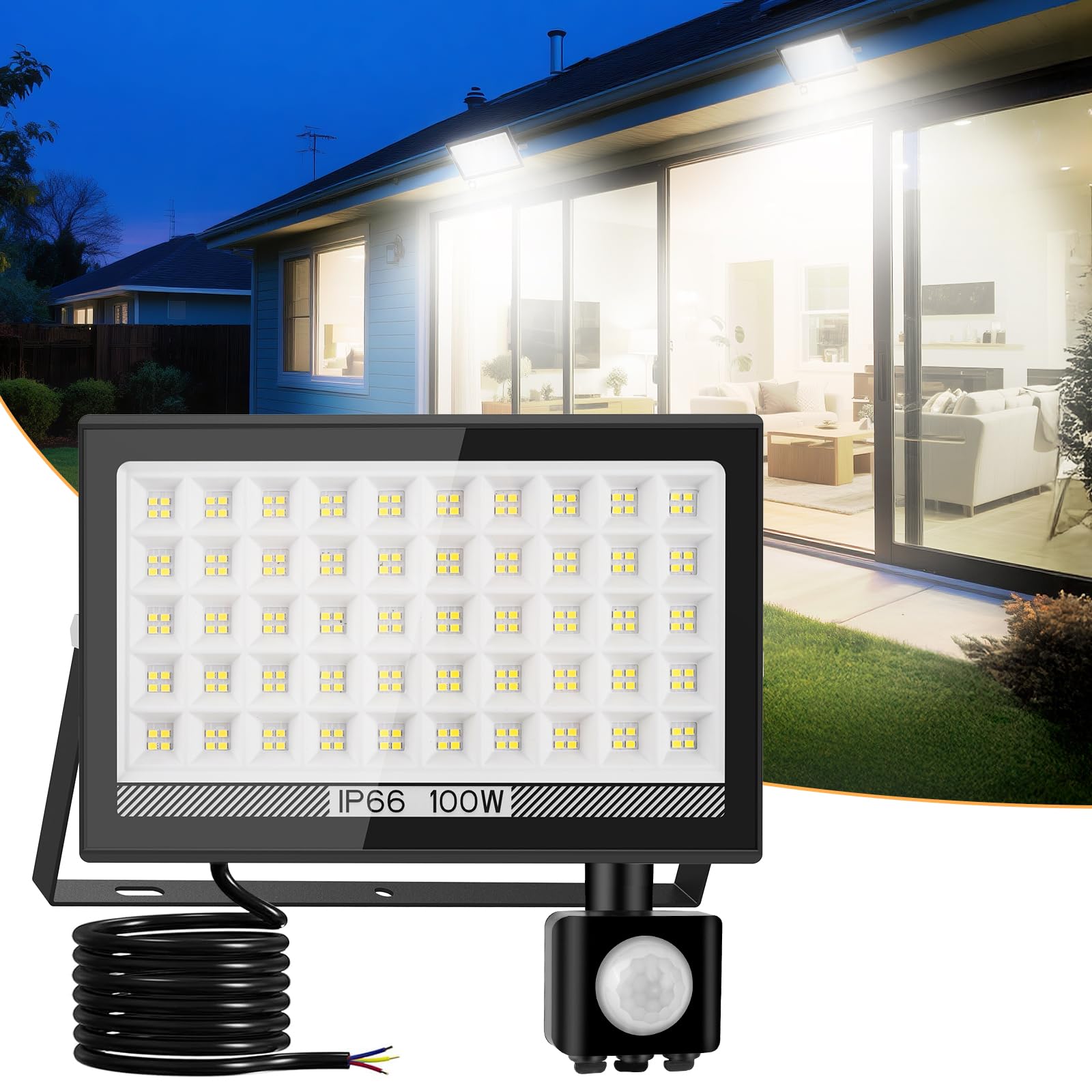 T-SUN Security Lights Outdoor Motion Sensor, 100W Dusk Till Dawn Outdoor Lights, 10000 Lumen LED Floodlight, IP66 Waterproof Sensor Lights Outdoor Mains Powered for Backyard, Garage, Doorways