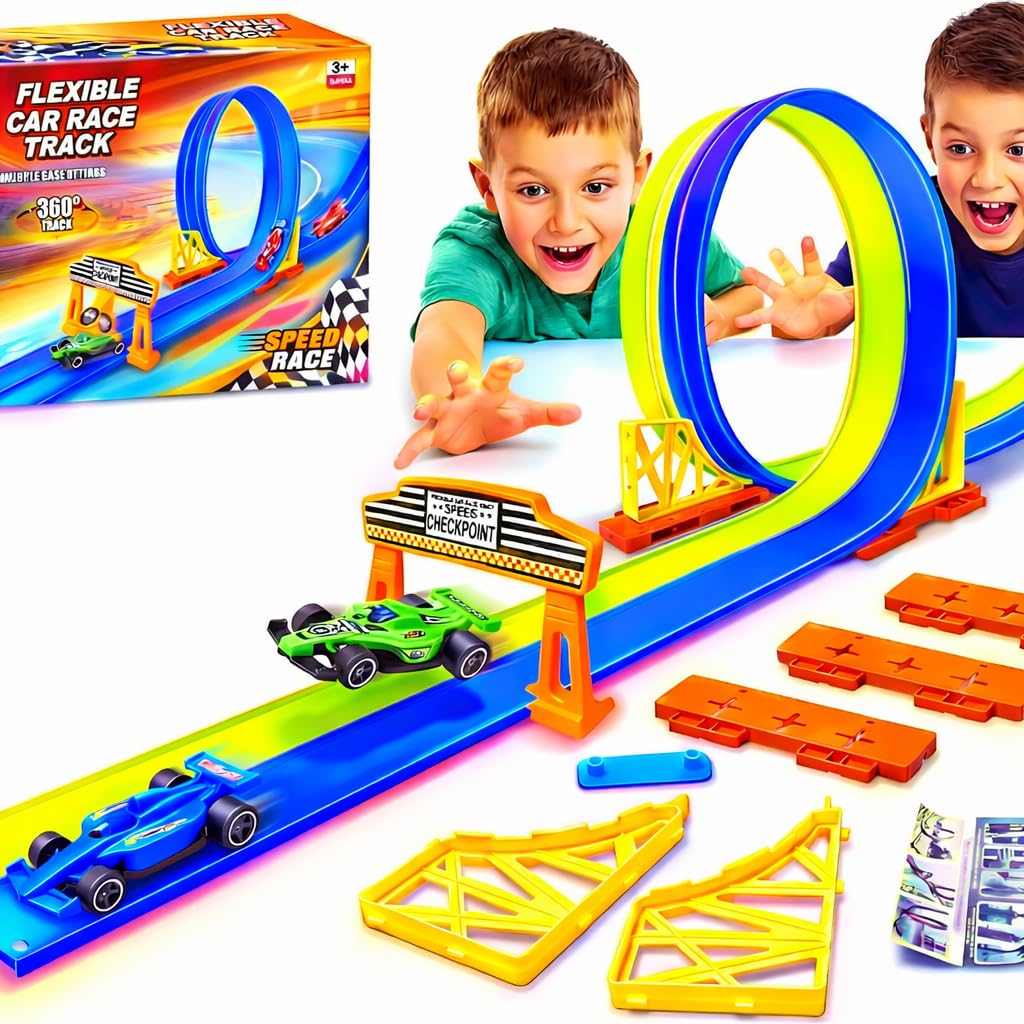 AB LUXE Race Track 4.5M Flexible Race Track for Toy Cars with 2 Plastic Cars 2 Ramps 1 checkpoint 4 Suction Cups Birthday Gifts for Boys Girls, Car Track, Speed Track for Toy Cars