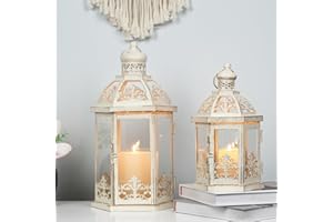 NEEDOMO Lanterns Decorative Outdoor&Indoor, Set of 2 (15"&11") Beige Metal Lantern Decor with Glass, Candle Holder for Porch, Patio, Garden, Fall, Wedding, Christmas, Table Centerpiece