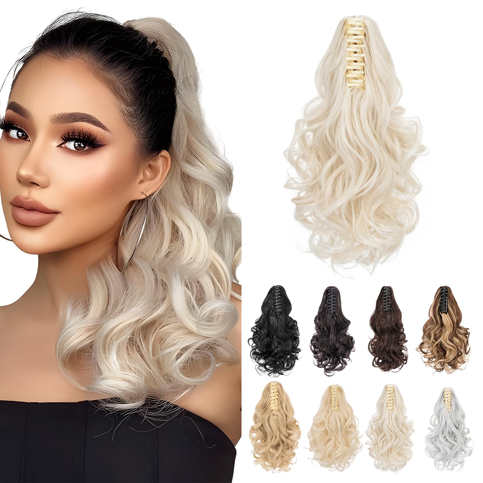 Ponytail Extension, MY-LADY Claw Clip in Ponytail Hair Extensions 14 Inch Short Curly Ponytail Natural Wavy Synthetic Hairpiece for Women,Light Blonde