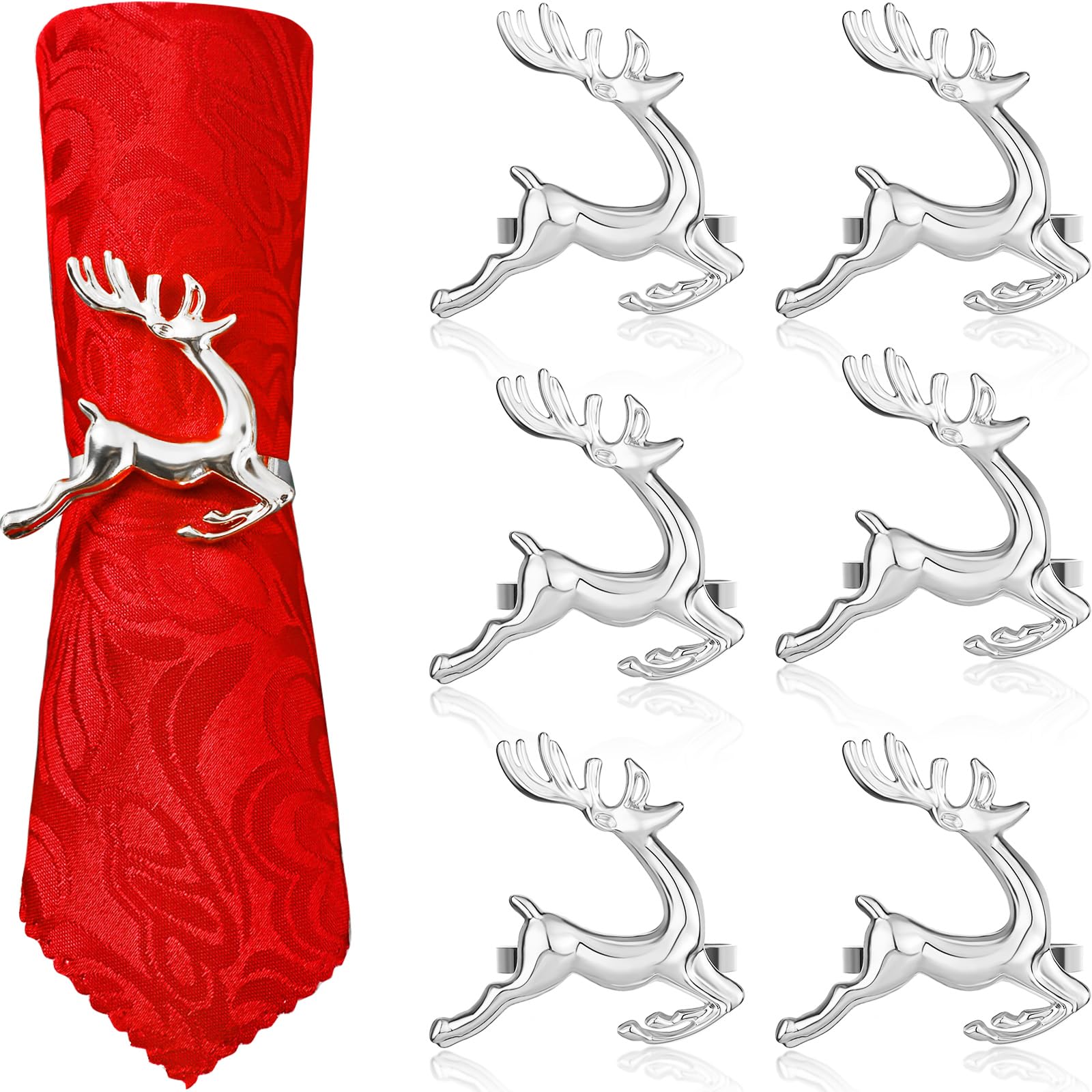 WILLBOND Deer Napkin Rings Christmas Napkin Ring Holders Reindeer Napkin Buckle for Holiday Dinners Parties, Wedding Adornment, Table Decoration Accessories (Silver, 6 Pieces)