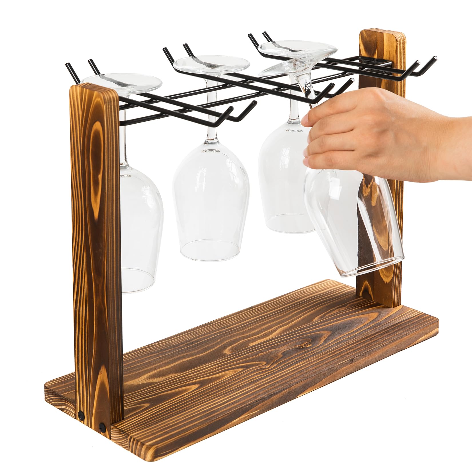 Photo 1 of ExoLiry Rustic Wine Glass Hanging Rack Torched Brown Wooden Matte Black Metal Wire 6-Slot Drinking Glassware Holder Champagne Flutes Counter Top Tabletop Drying Displaying Kitchen Bar Dining Table