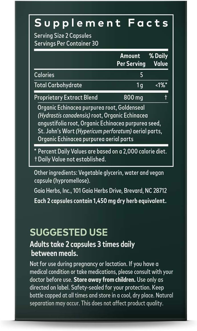 Gaia Herbs Echinacea Goldenseal, Vegan Liquid Capsules, 60 Count - Immune Support and Healthy Inflammatory Response During Seasonal Stress, Made with Organic Echinacea: Health & Personal Care