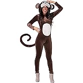 Women's Brown Circus Monkey Halloween Costume | Adult Jungle Animal Jumpsuit with Hood and Tail | Outfit for Themed Parties