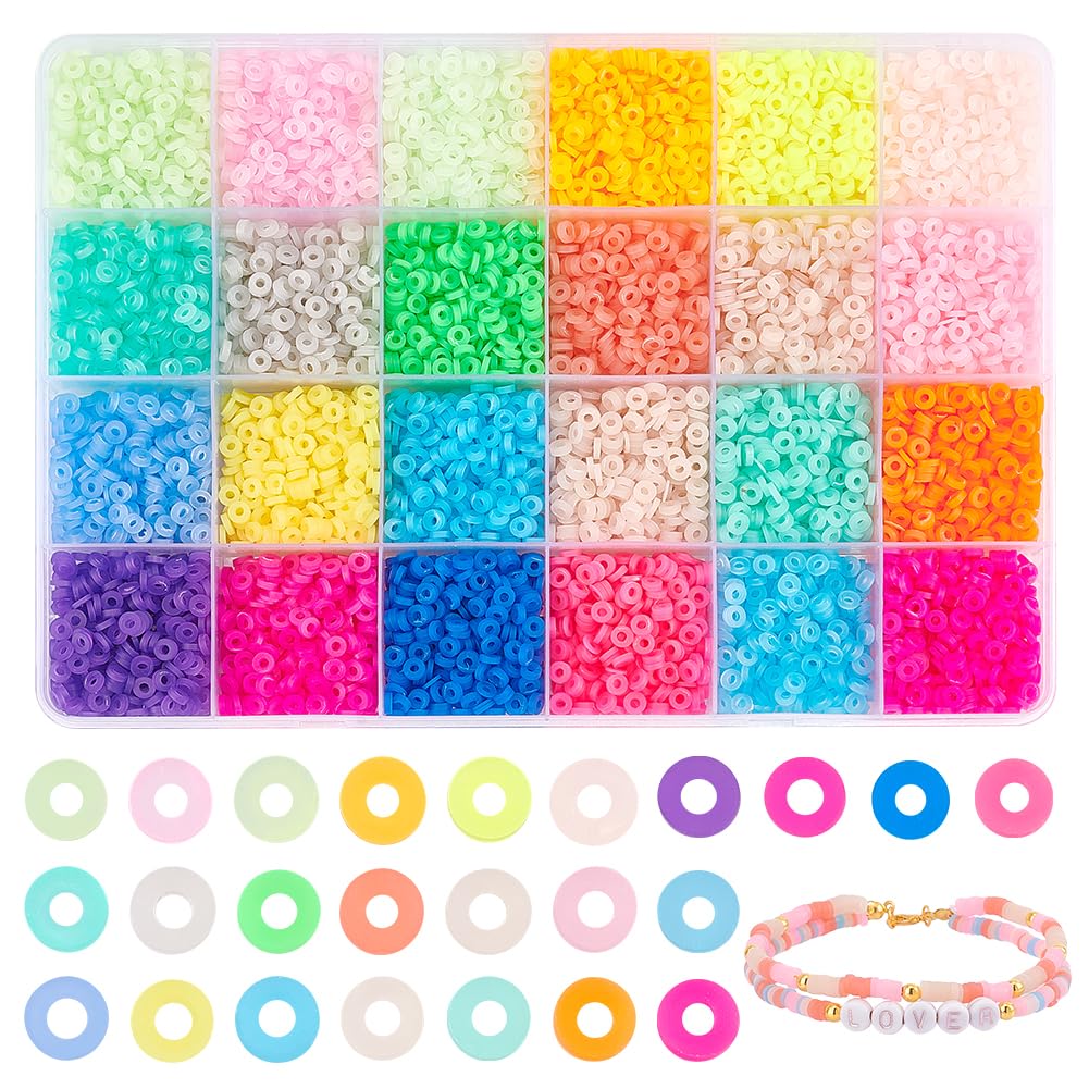 PH PandaHall 7920pcs Jelly Color 4mm Clay Beads, 24 Colors Heishi Beads Polymer Clay Beads Vinyl Disc Beads Flat Round Beads for Friendship Bracelet Necklace Earrings Jewellery Making, 1.6mm Hole