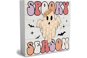 WRSUNT Cute Spooky Season Halloween Wooden Box Sign Cute Fall Sign Decor Farmhouse Decorative Wood Box Sign Block Plaque for Wall Desk Home Bathroom Decoration 5 x 5 Inches