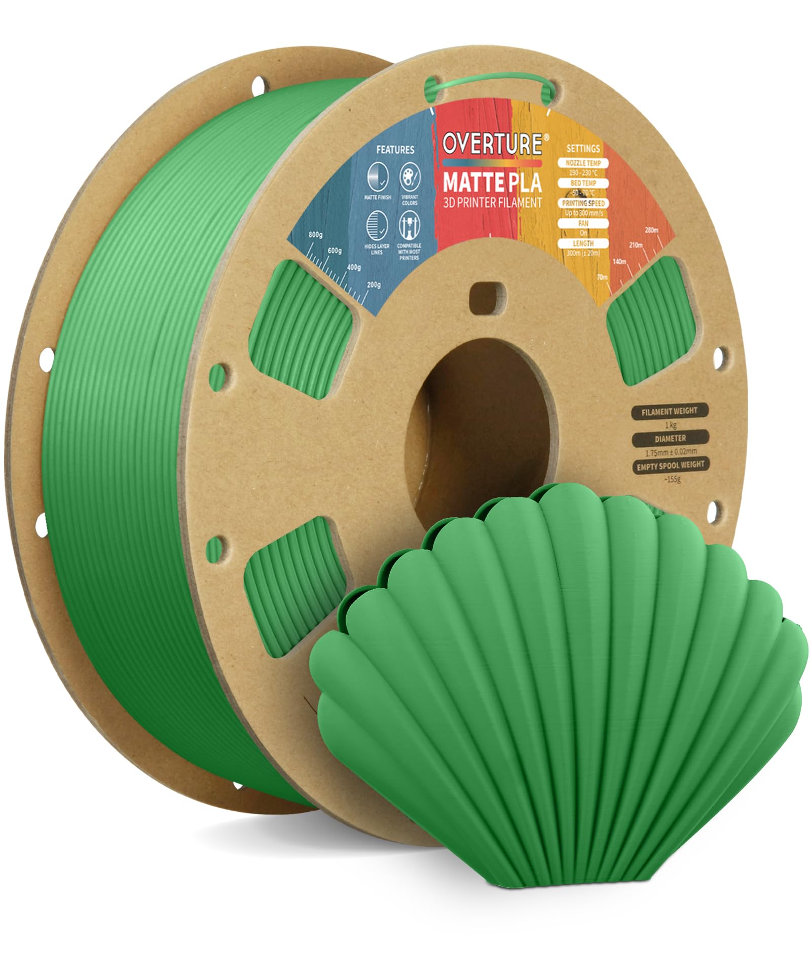 OVERTURE Matte PLA Filament 1.75mm, Easy to Print, PLA Matte 3D Printer Filament 1kg (2.2lbs), Cardboard Spool, Accuracy ± 0.02mm (Matte Green)